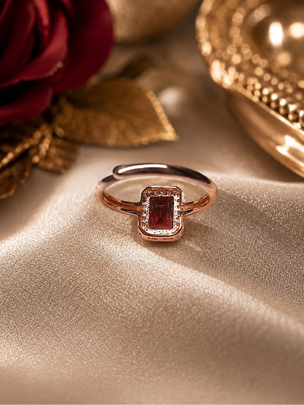 NEW 925 Sterling Silver Rose Gold Tone Deep Red Halo Ring Size 7 - Picture 4 of 6